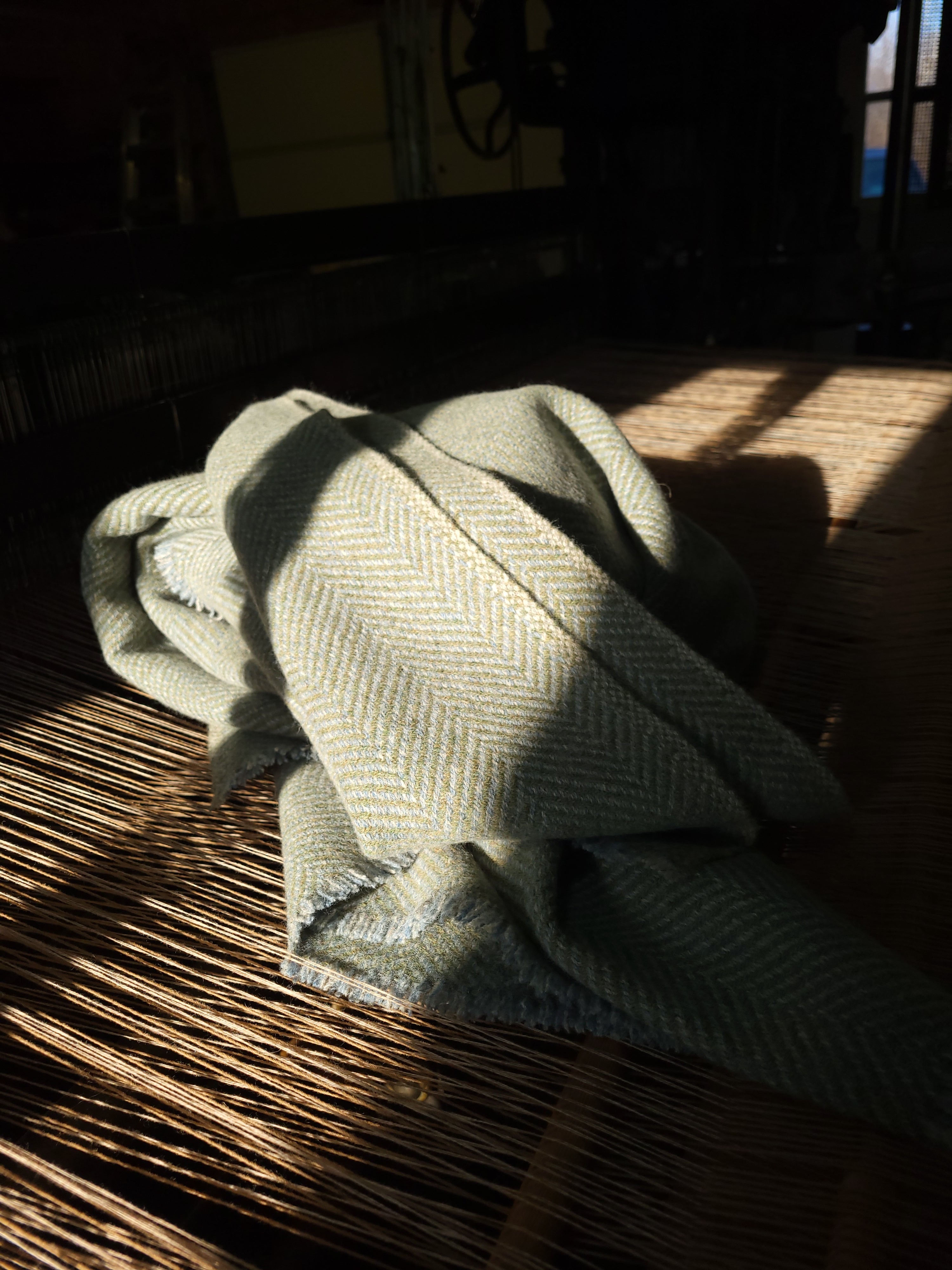 Soft Blue Azure, Light Steel Grey and Fern Leaf Green Lambswool Blanket