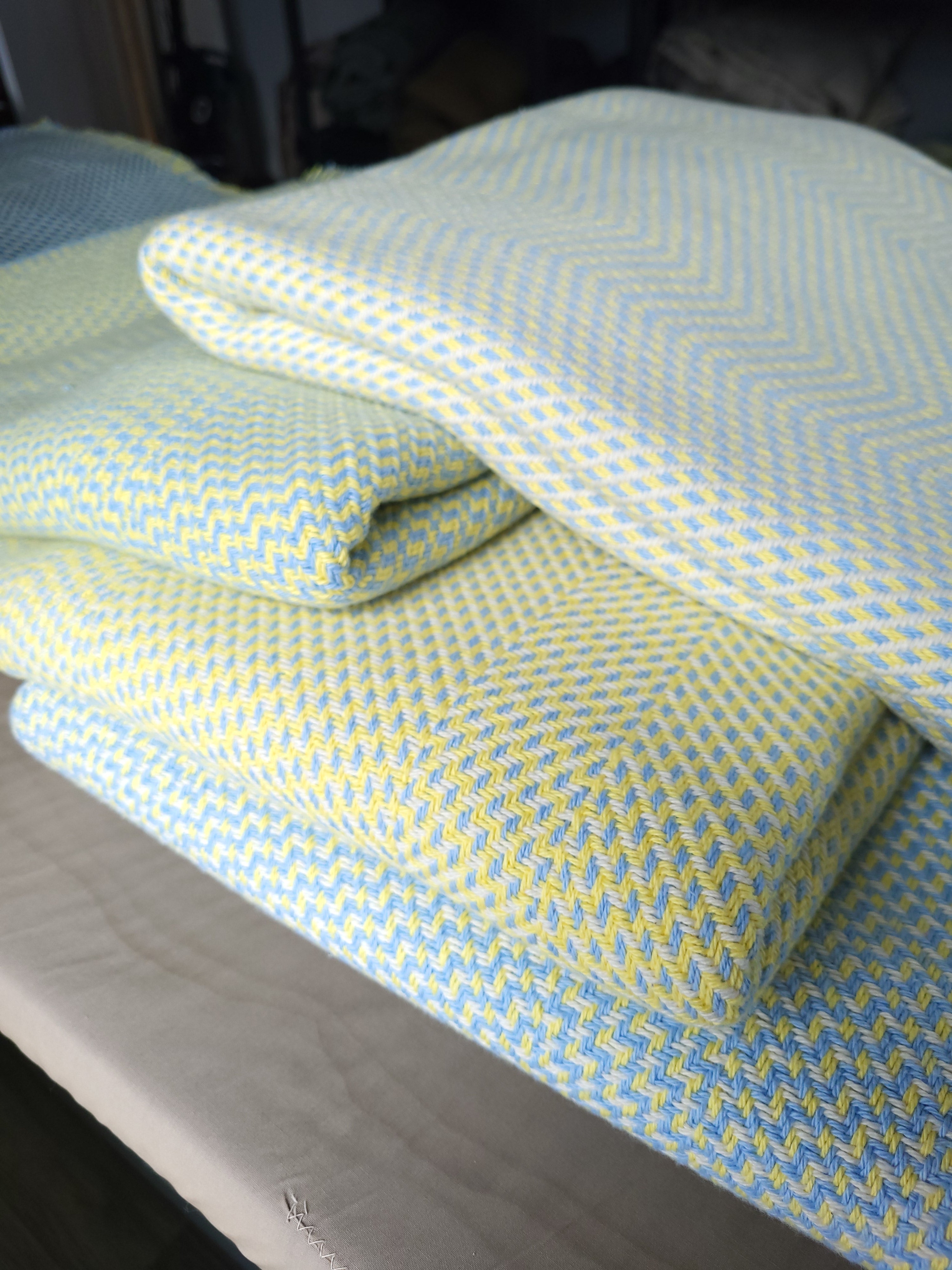 Lemon Chiffon and Blue with Lemon and Natural White Organic Cotton Blanket
