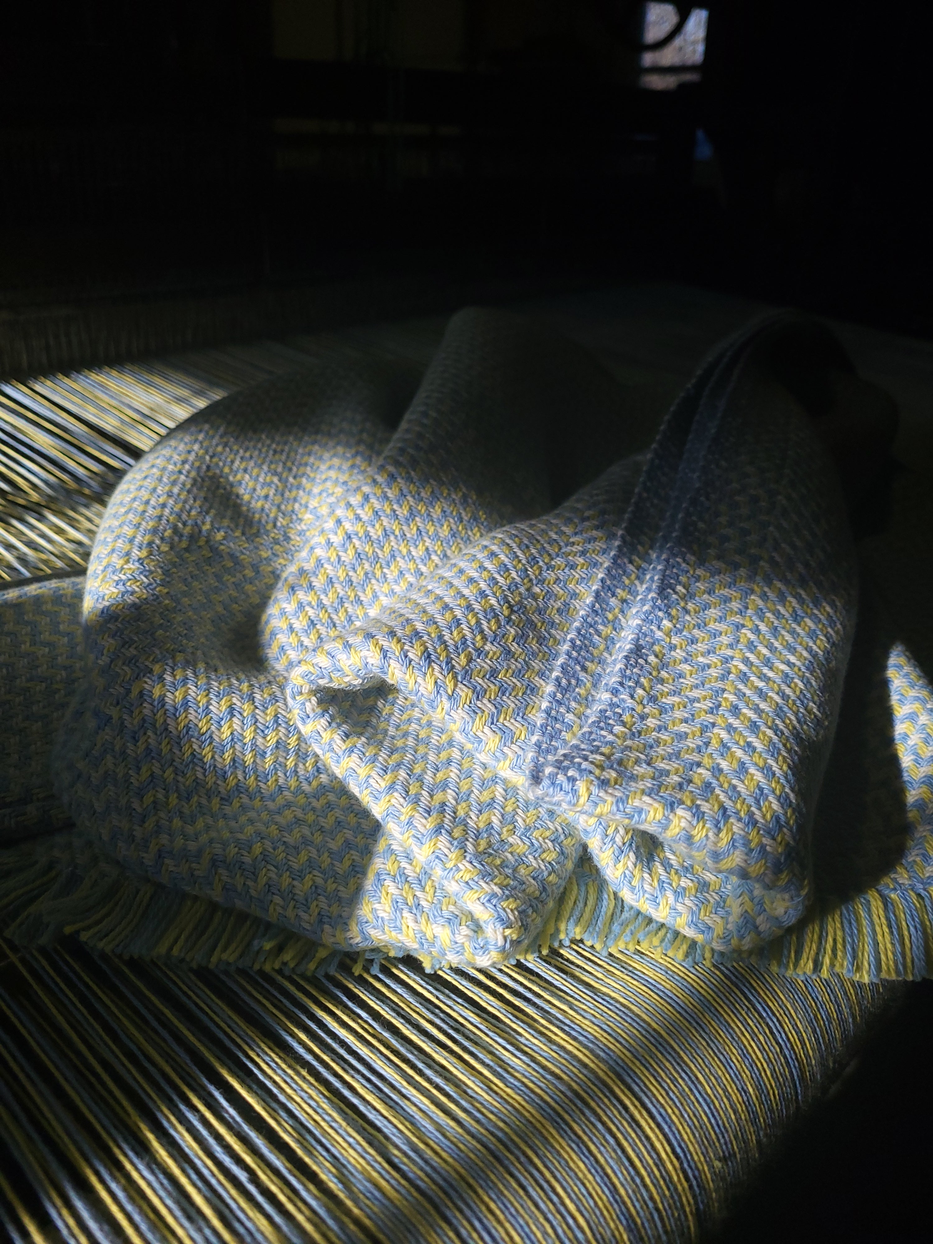 Lemon Chiffon and Blue with Blue and Natural White Organic Cotton Blanket