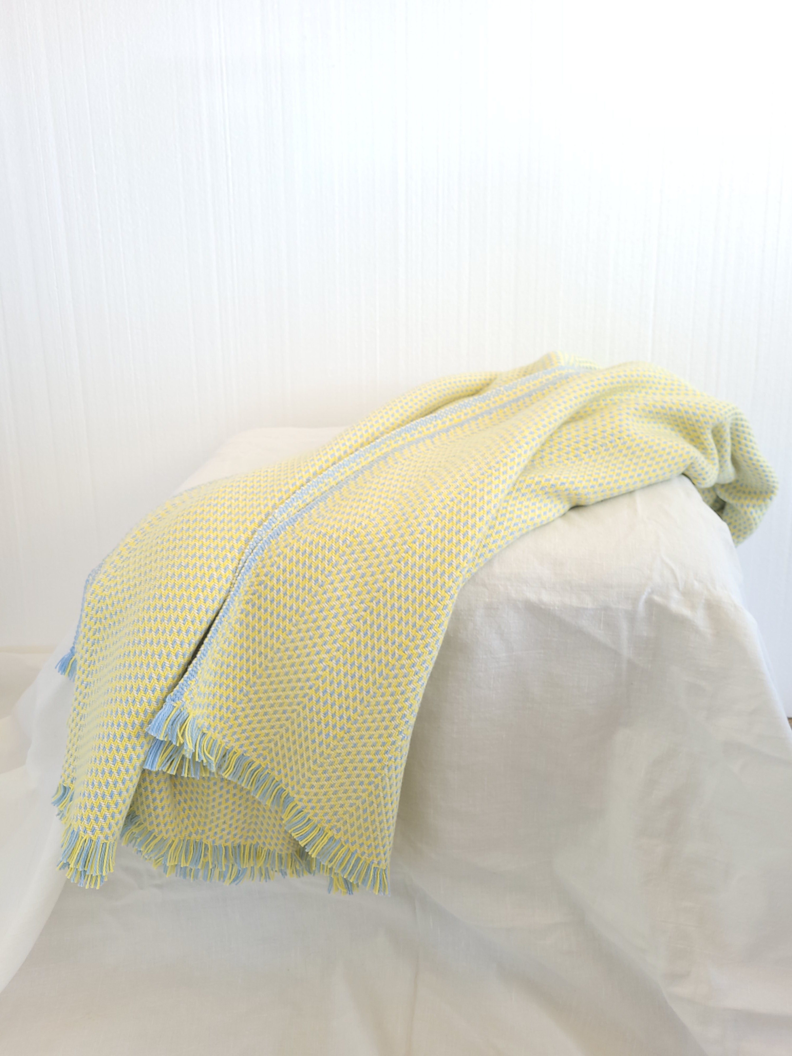 Lemon Chiffon and Blue with Lemon and Natural White Organic Cotton Blanket