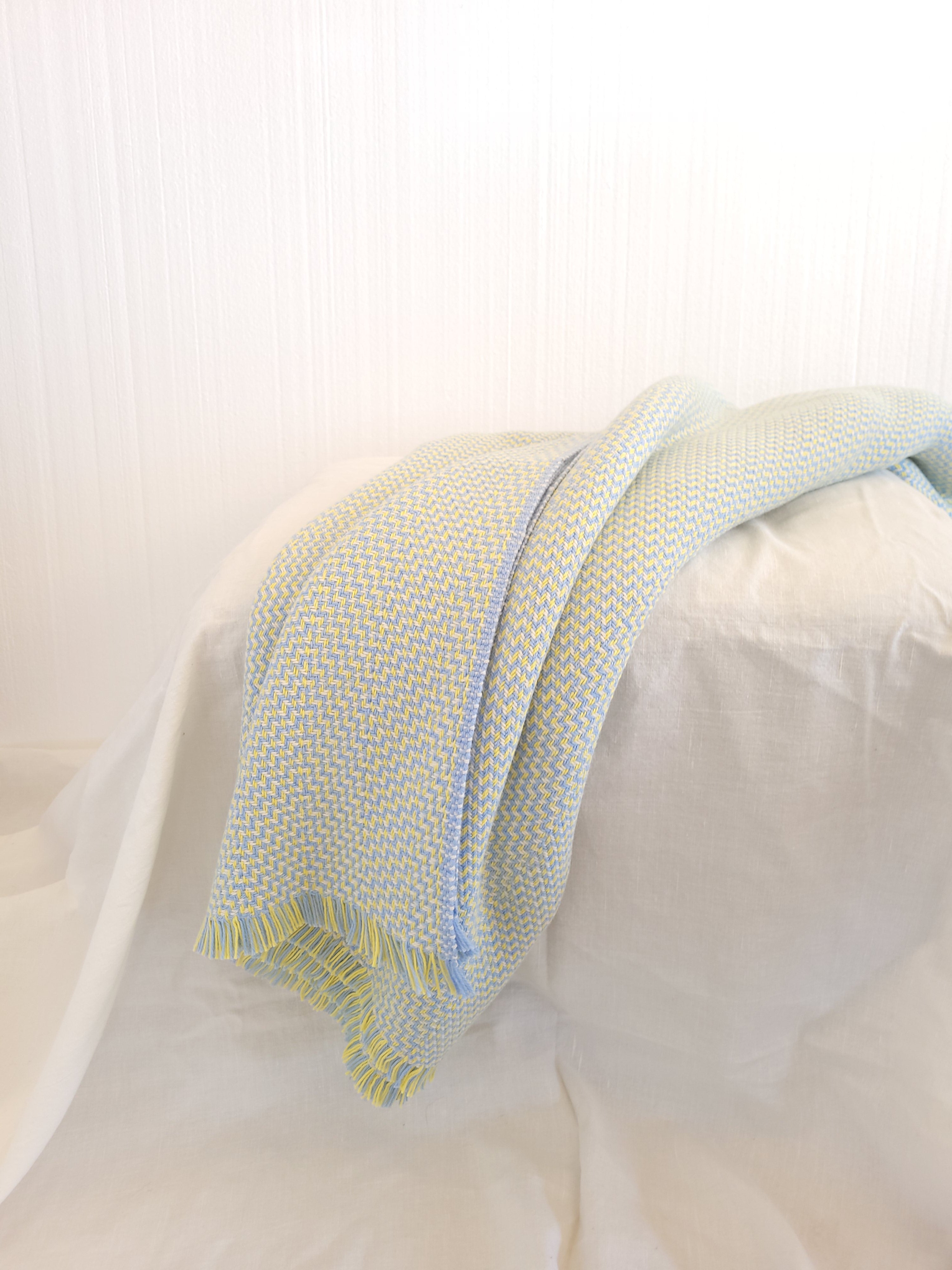 Lemon Chiffon and Blue with Blue and Natural White Organic Cotton Blanket