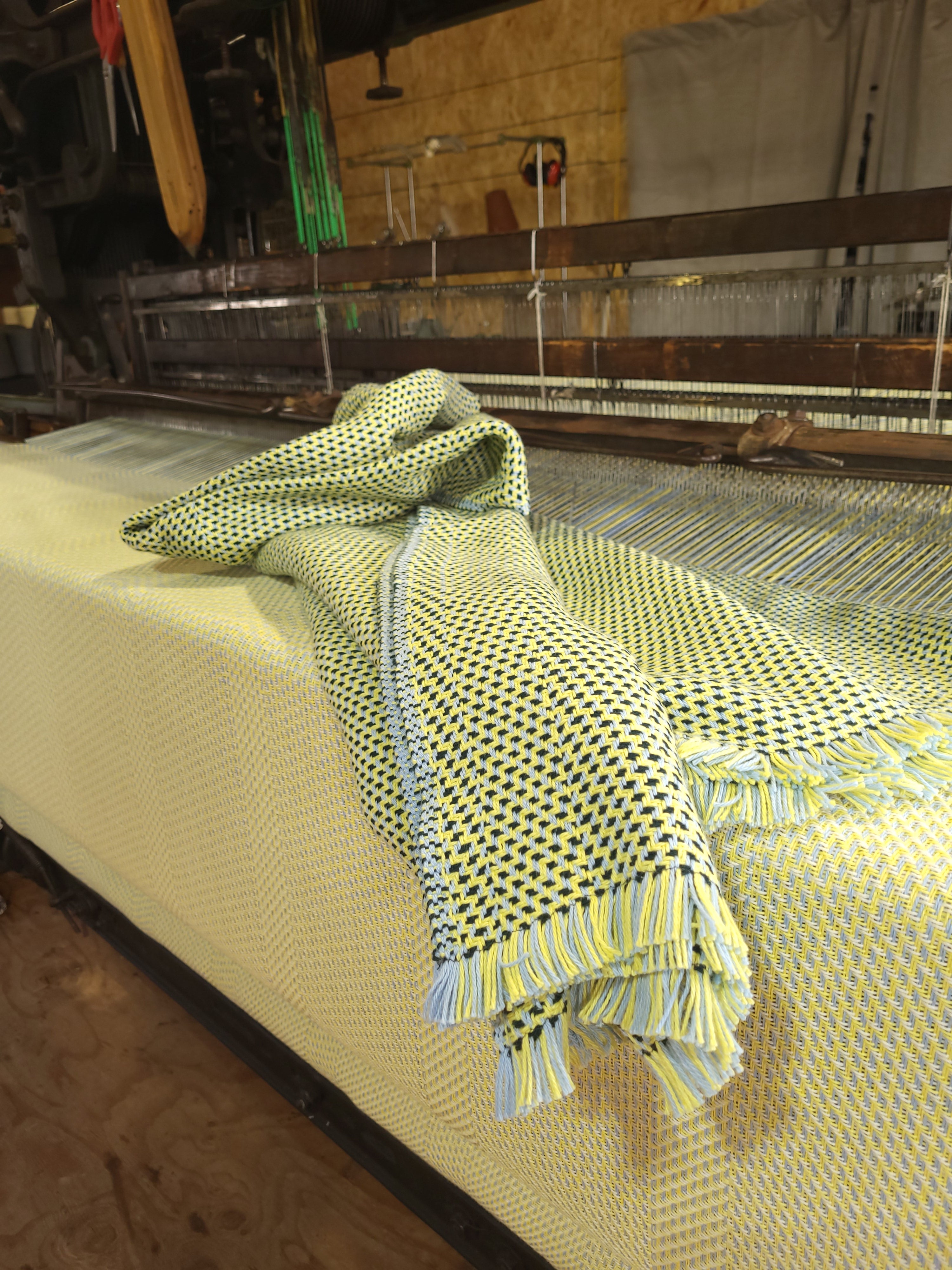 Lemon Chiffon and Blue Warp with Chiffon and Forest Green Weft