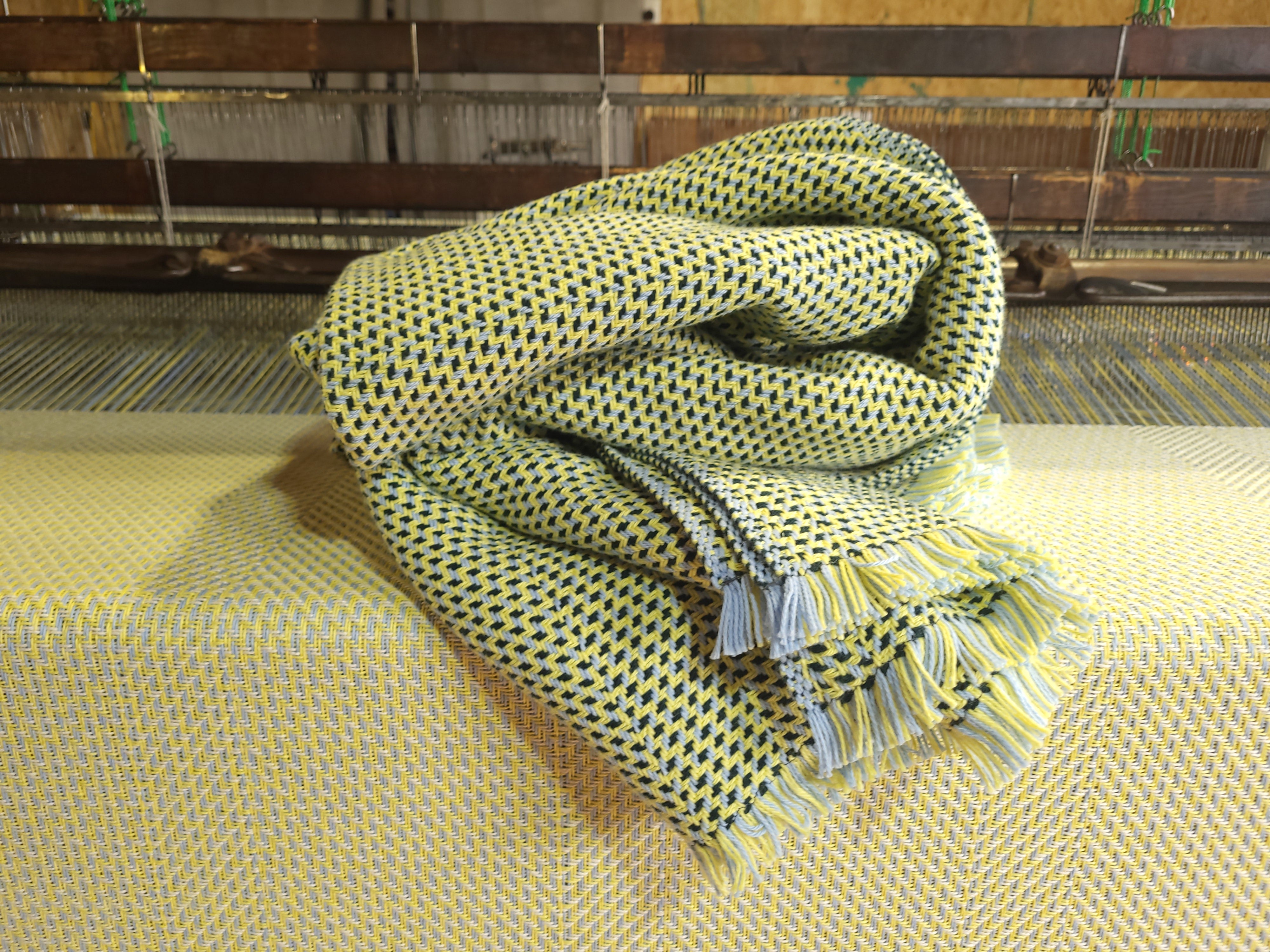 Lemon Chiffon and Blue Warp with Chiffon and Forest Green Weft