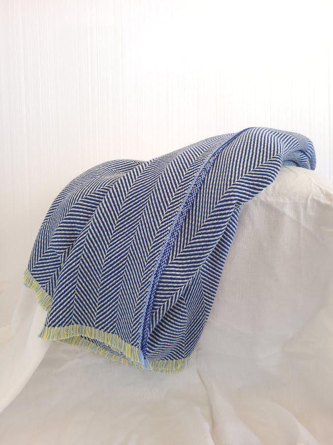 Lemon Chiffon and Sky Blue warp with Royal Blue Weft, Only One Woven with this weft