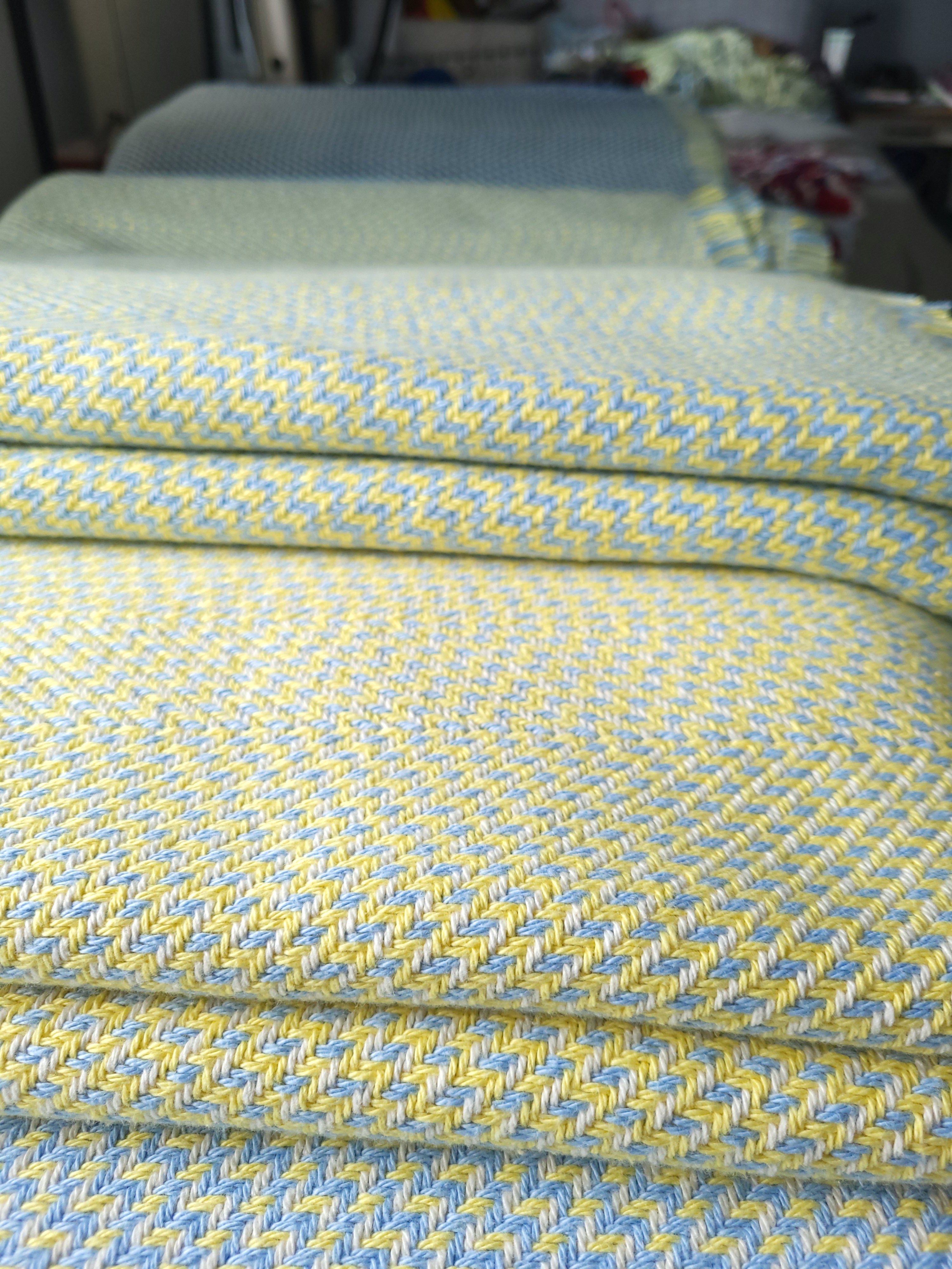 Lemon Chiffon and Blue with Lemon and Natural White Organic Cotton Blanket