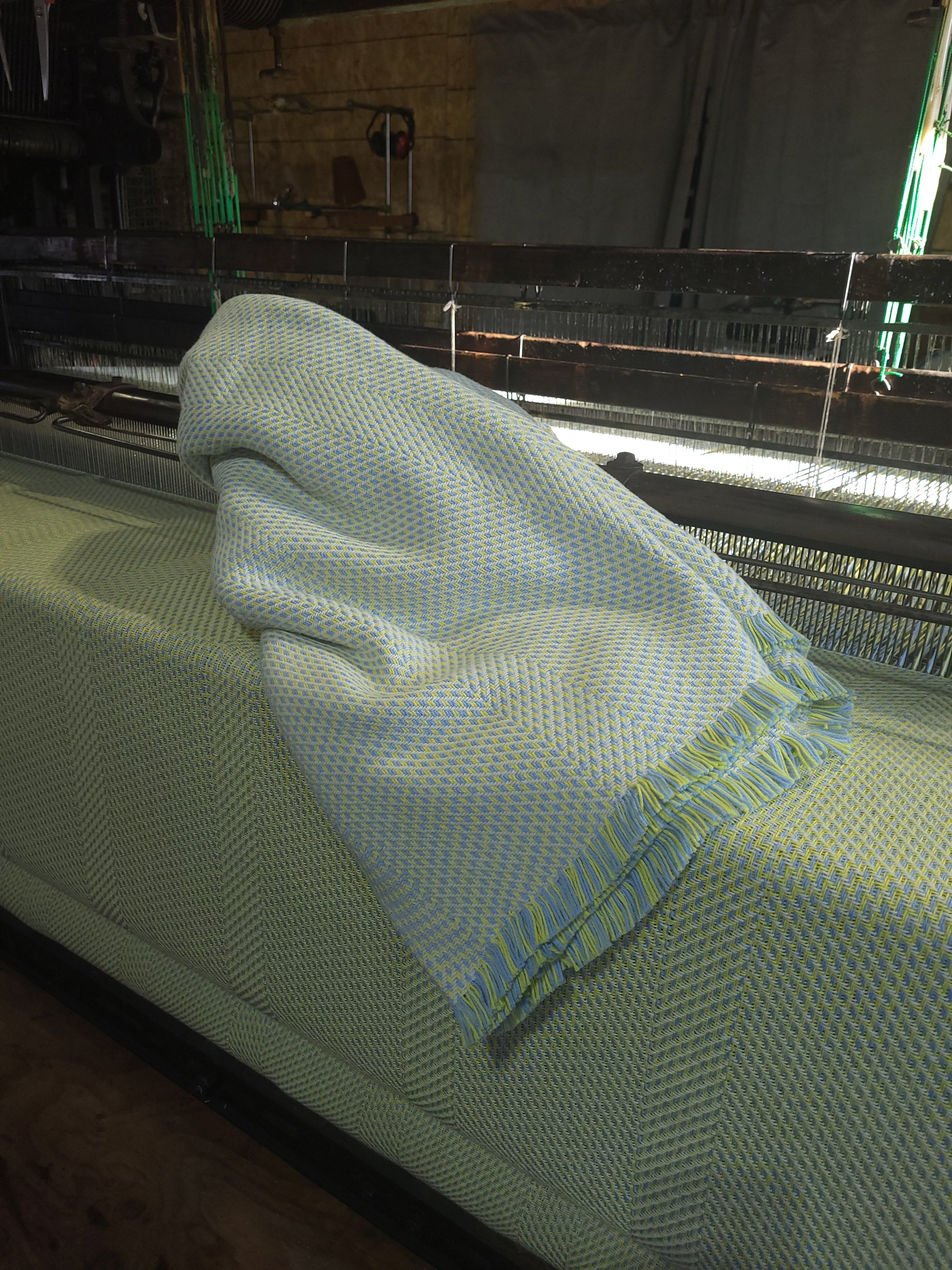 Lemon Chiffon, Blue and Natural White Organic Cotton Blanket