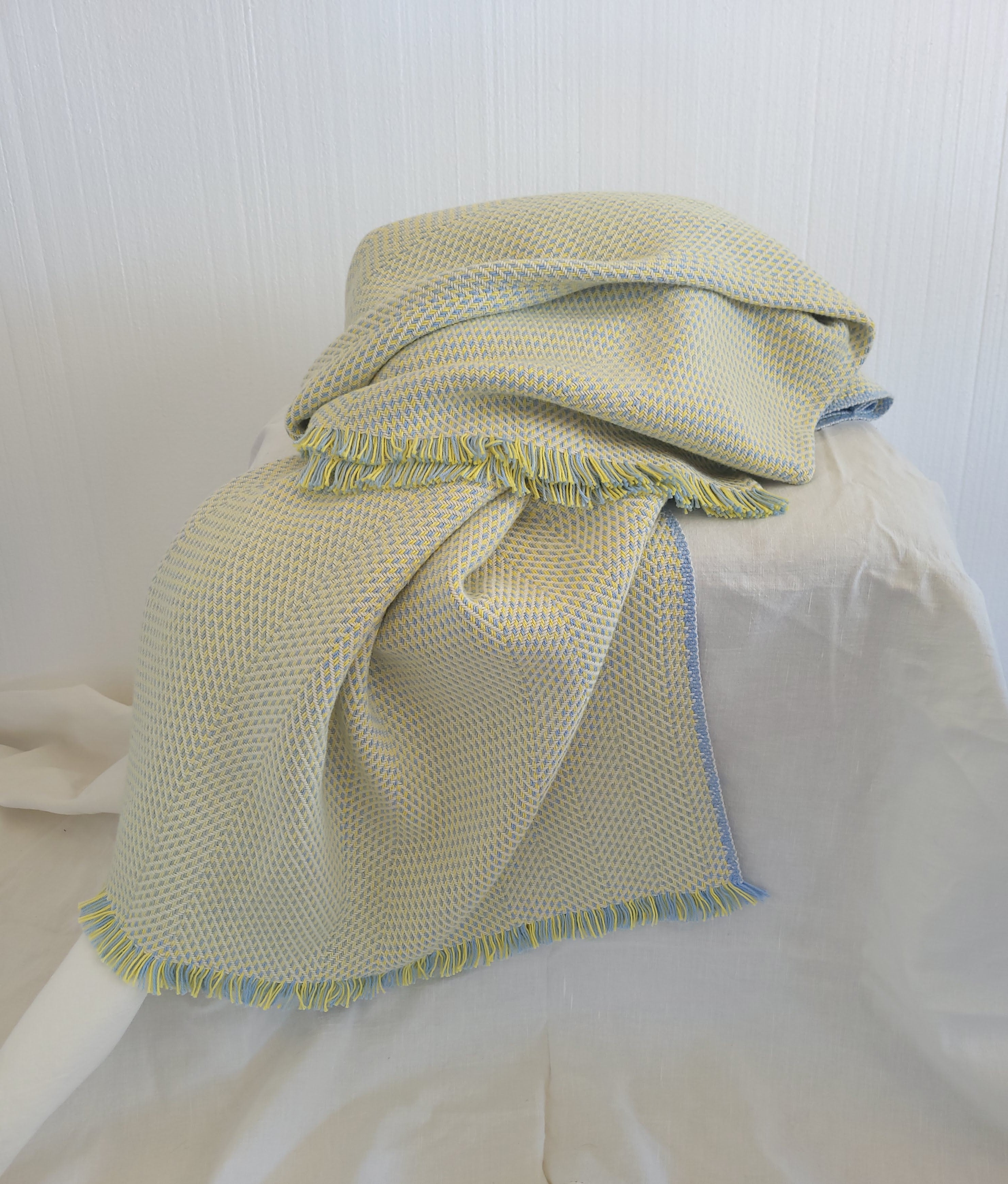 Lemon Chiffon, Blue and Natural White Organic Cotton Blanket