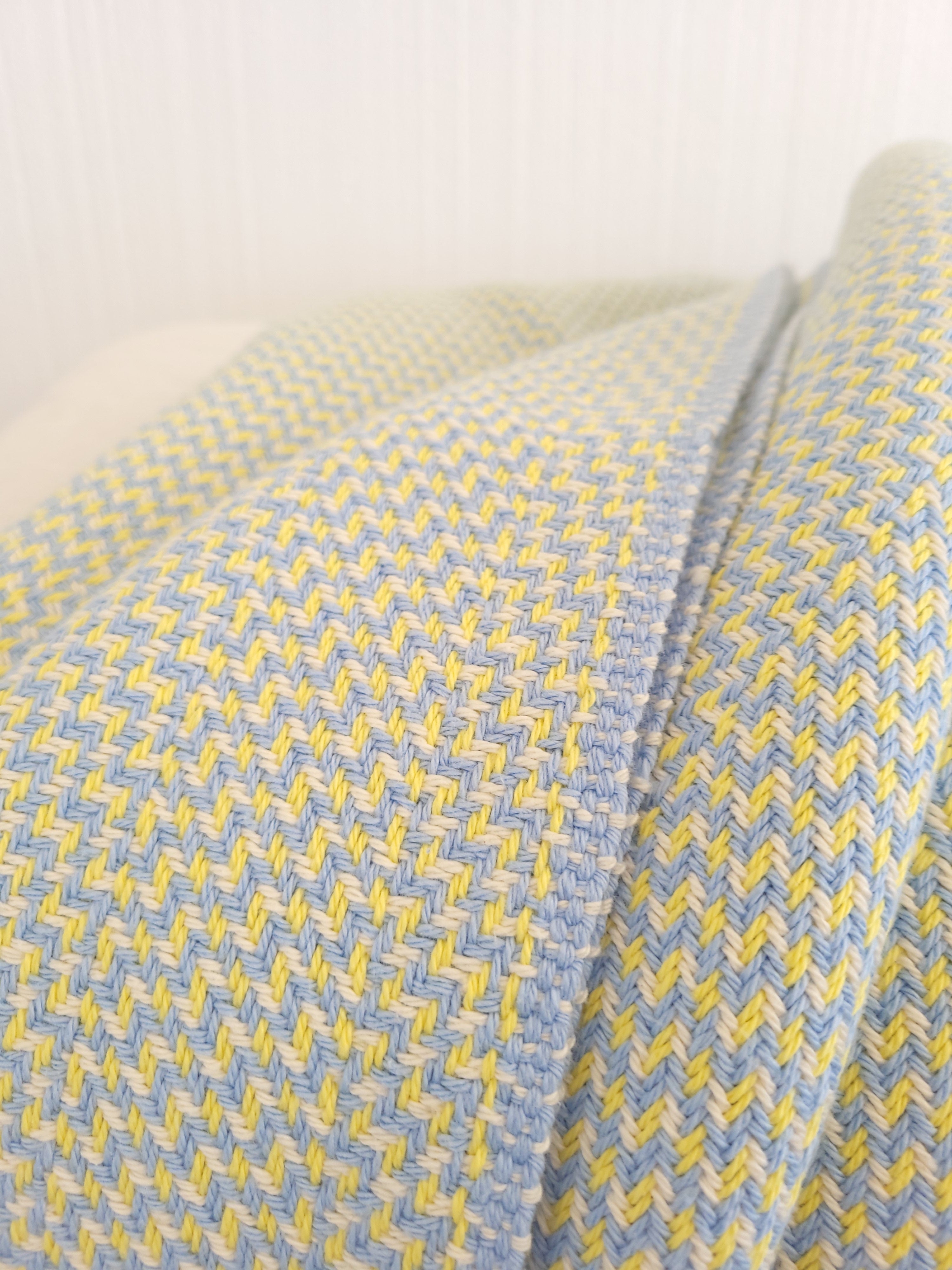 Lemon Chiffon and Blue with Blue and Natural White Organic Cotton Blanket