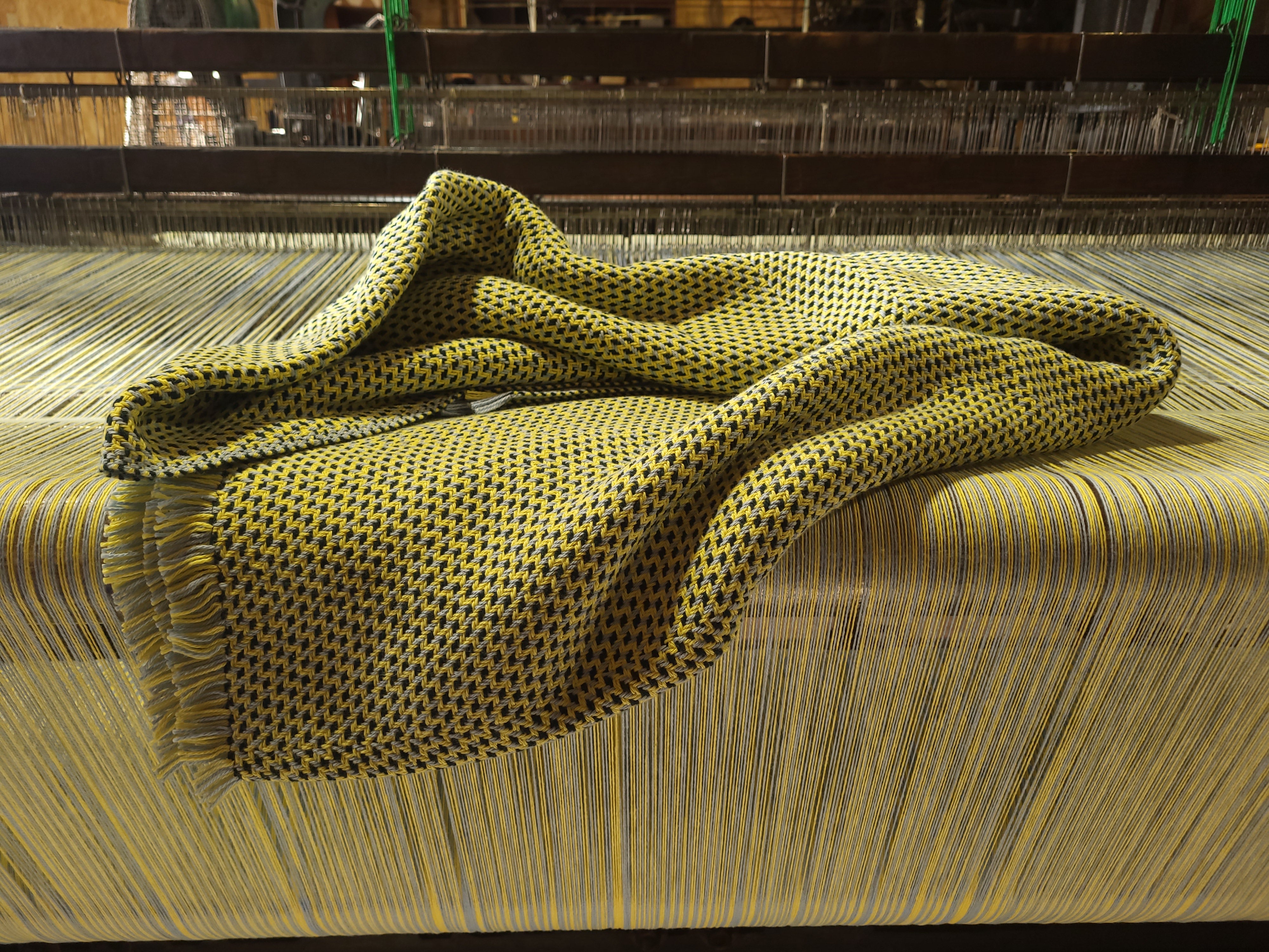 Lemon Chiffon and Blue Warp with Chiffon and Forest Green Weft